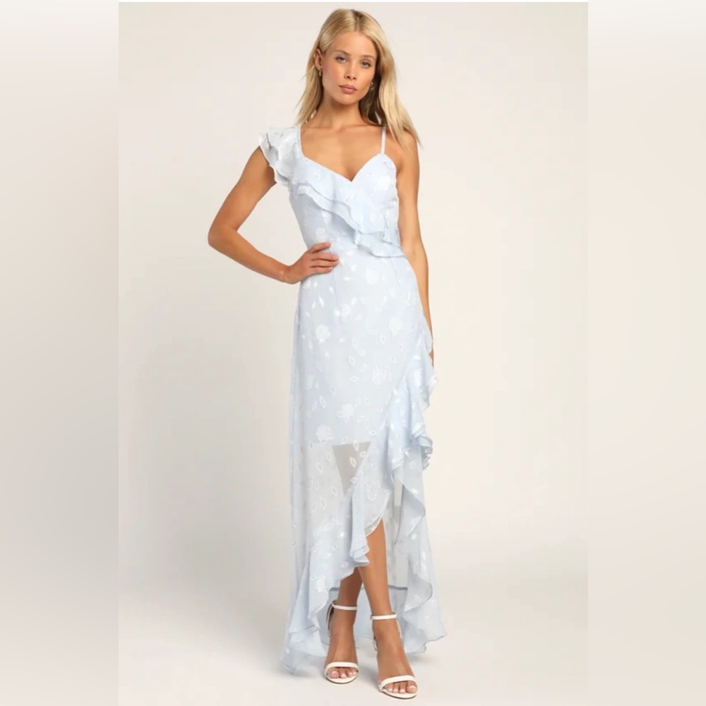 Forever Be Light Blue Floral Jacquard Ruffled Maxi Dress